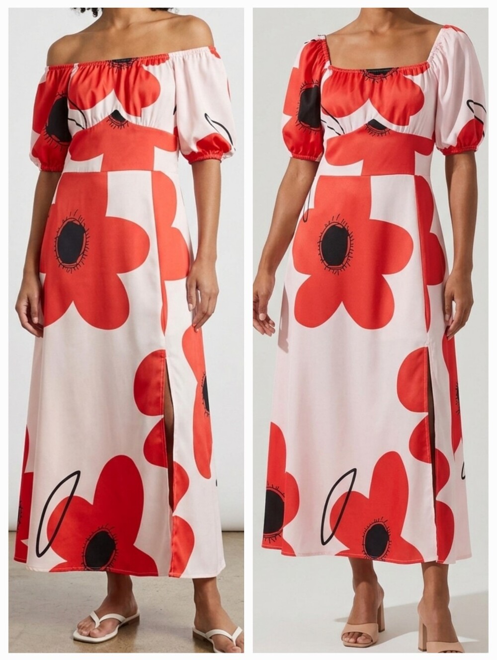 Retro Bold Floral Poppy Puff Sleeve Maxi Dress with Slit - Size Small - NWT